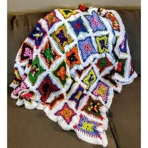 Vintage Multicolor Granny Square White Small Knit Afghan Lap Blanket/Chair Cover